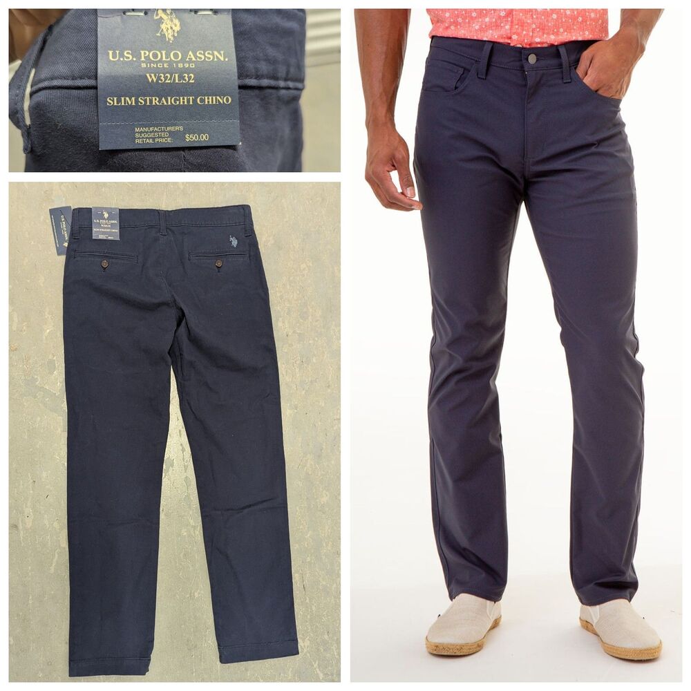 Preppy Quiet Luxury U.S. Polo Assn Navy Slim Straight Chino Pants 32x32 NWT